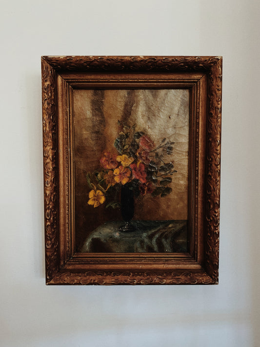 1920s/30s Nasturtium Antique Oil on Stretched Canvas- 13.5 x 17.5”