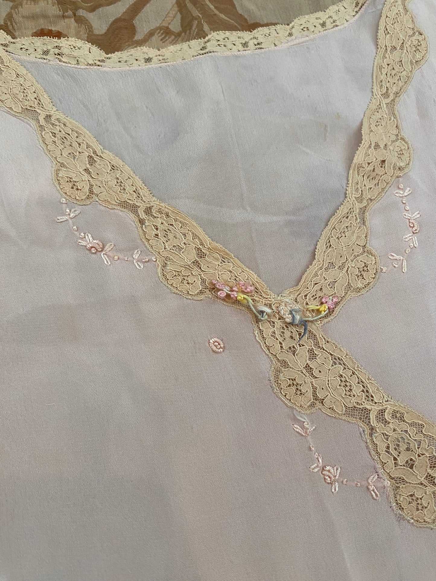 Darling 1920s Blush Silk Top w/ Rosettes + Embroidery- M/L
