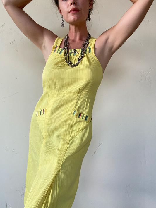 1930s Yellow Ribbed Sportswear Dress w/ Deco Pockets- S/M