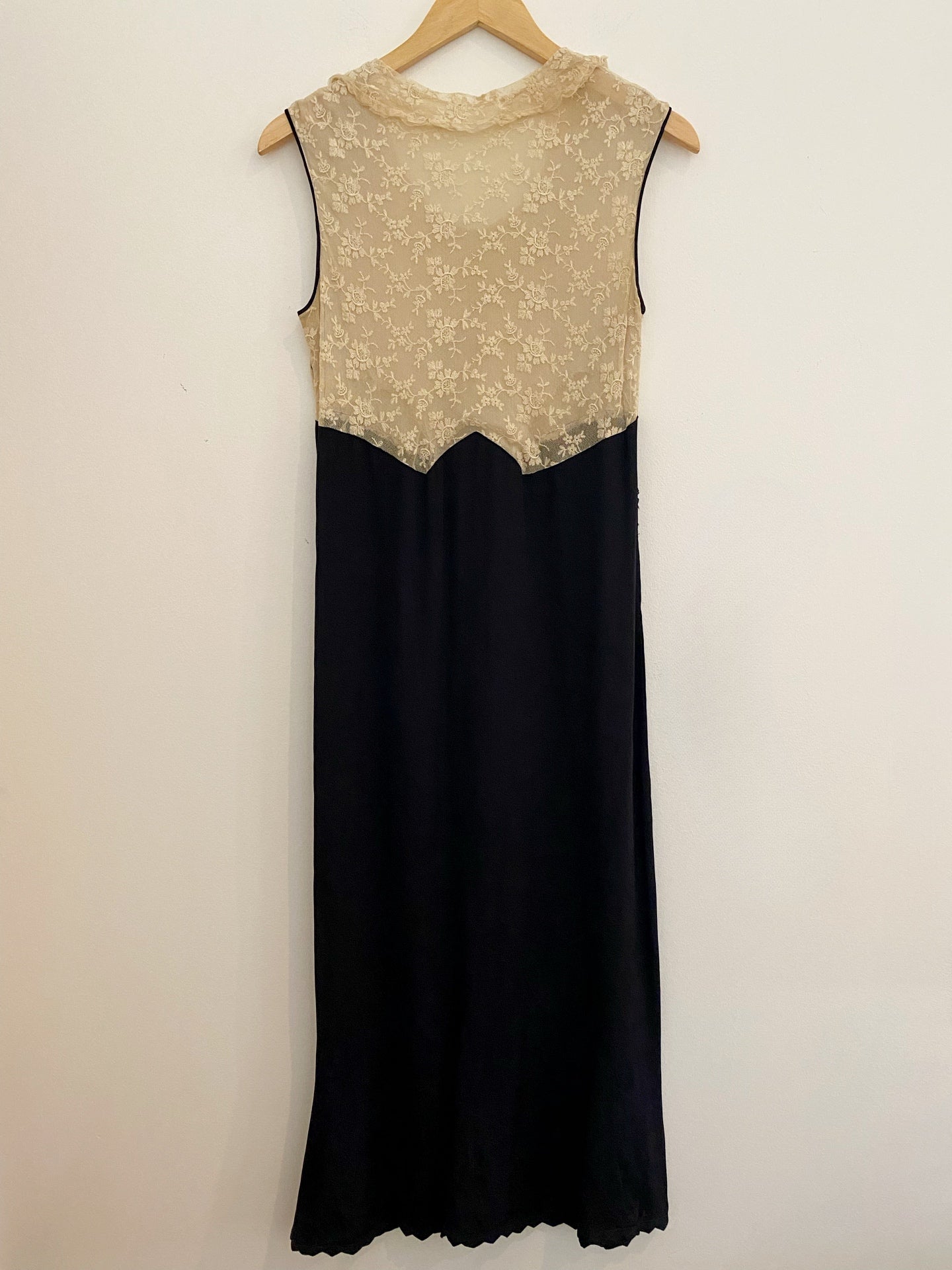 1930s Black Rayon + Ecru Lace Dress- S/M