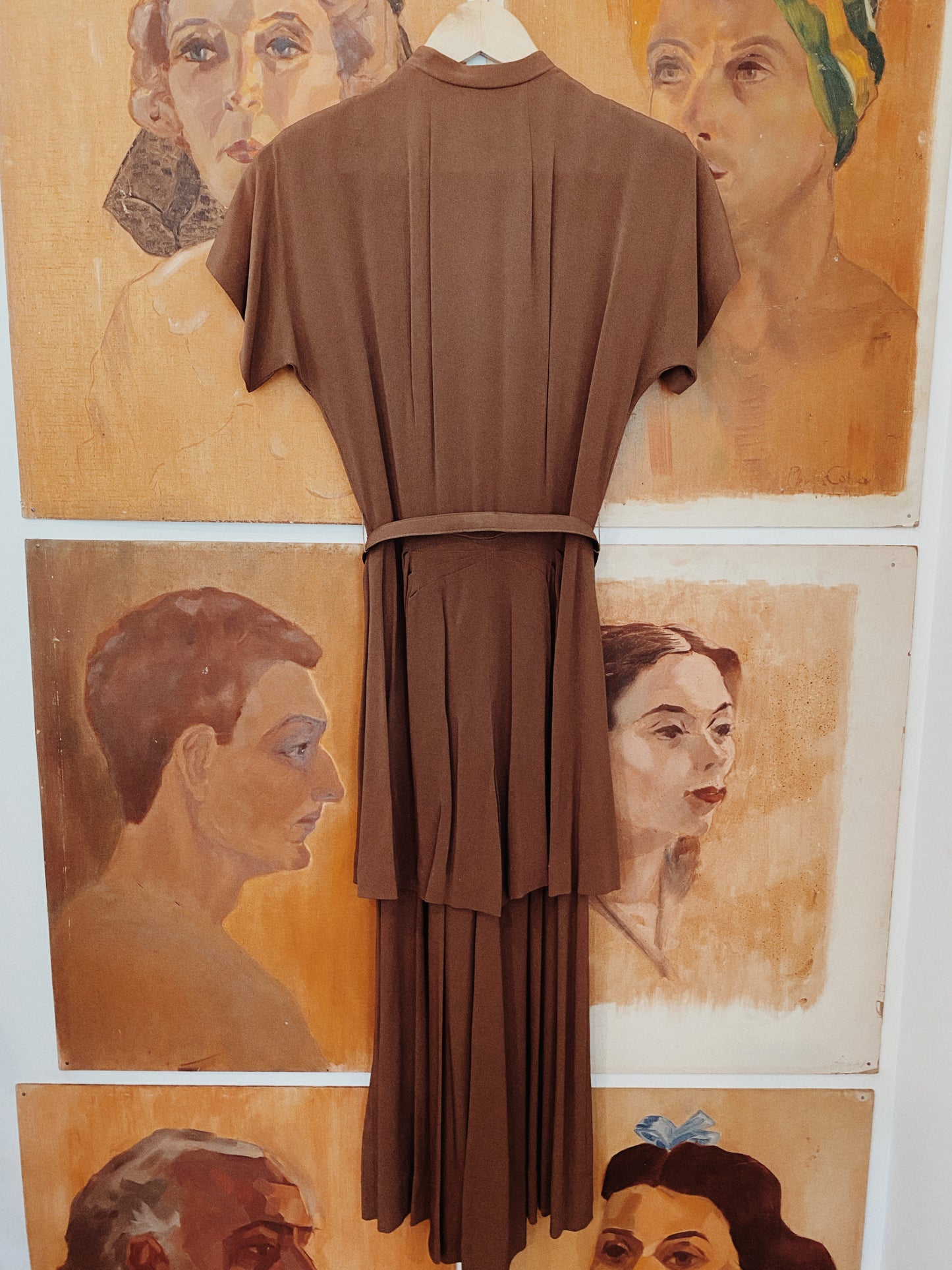 1940s Tiered Brown Rayon Dress w/ Belt- S/M