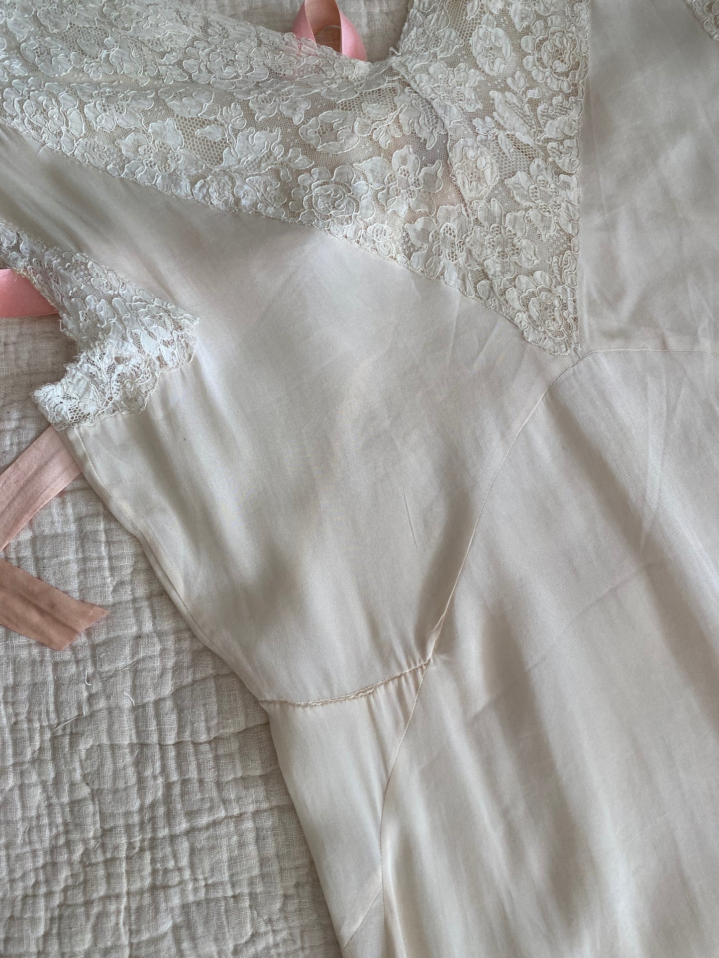 1930s Creme Silk + Lace Bias Cut Slip Dress w/ Rosettes- L