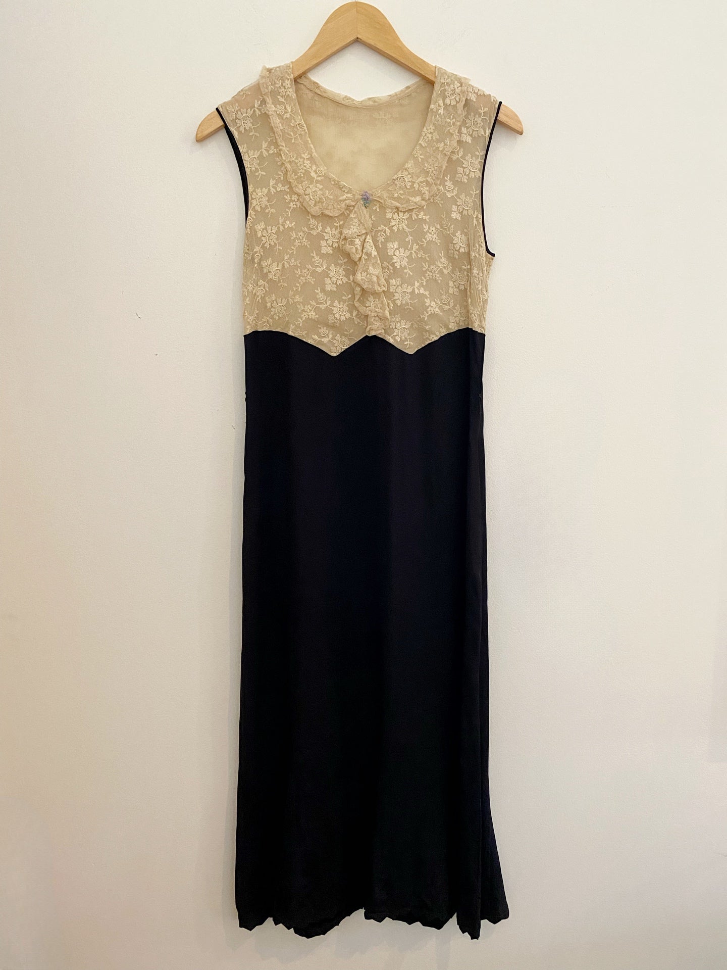 1930s Black Rayon + Ecru Lace Dress- S/M