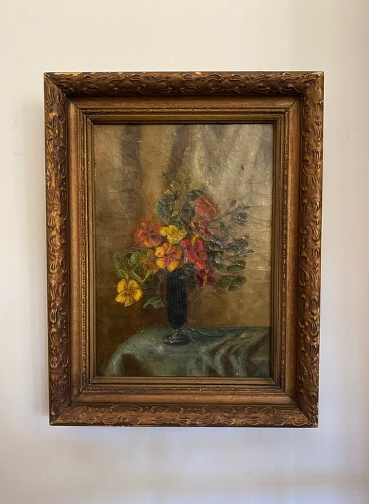 1920s/30s Nasturtium Antique Oil on Stretched Canvas- 13.5 x 17.5”