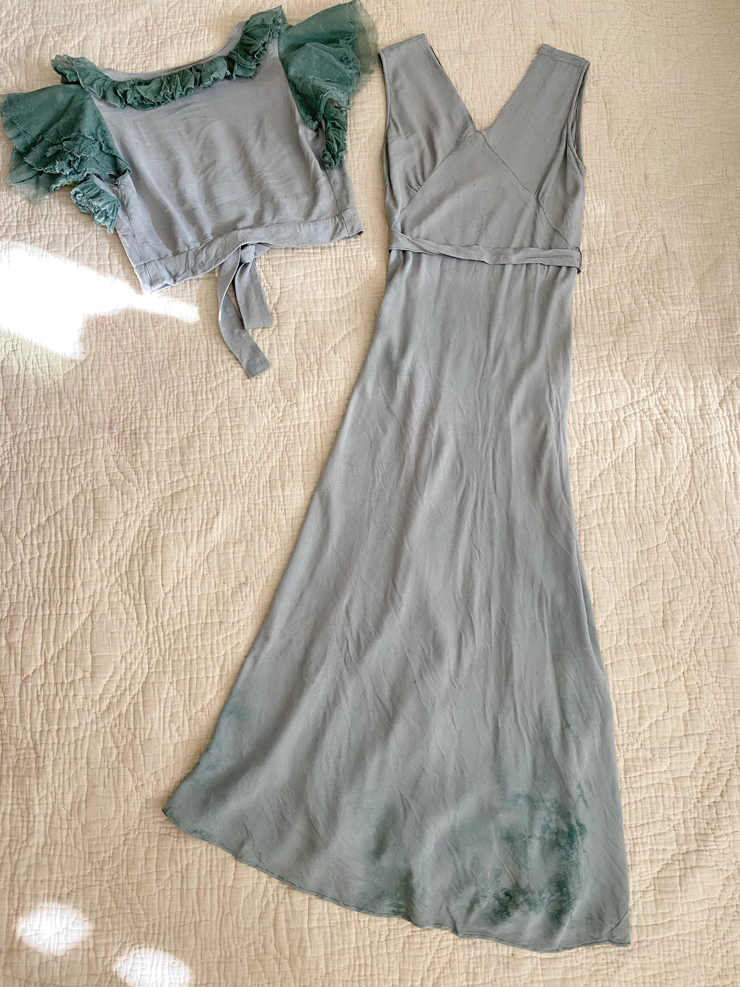 1930s Sea Foam Rayon Crepe Gown w/ Bolero- S