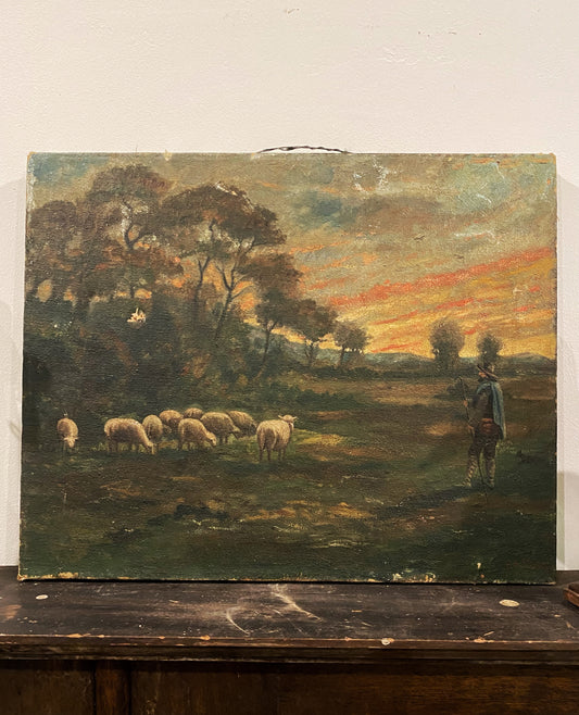 Antique Pastoral Sunset Scene Oil on Canvas- 16.5x20”