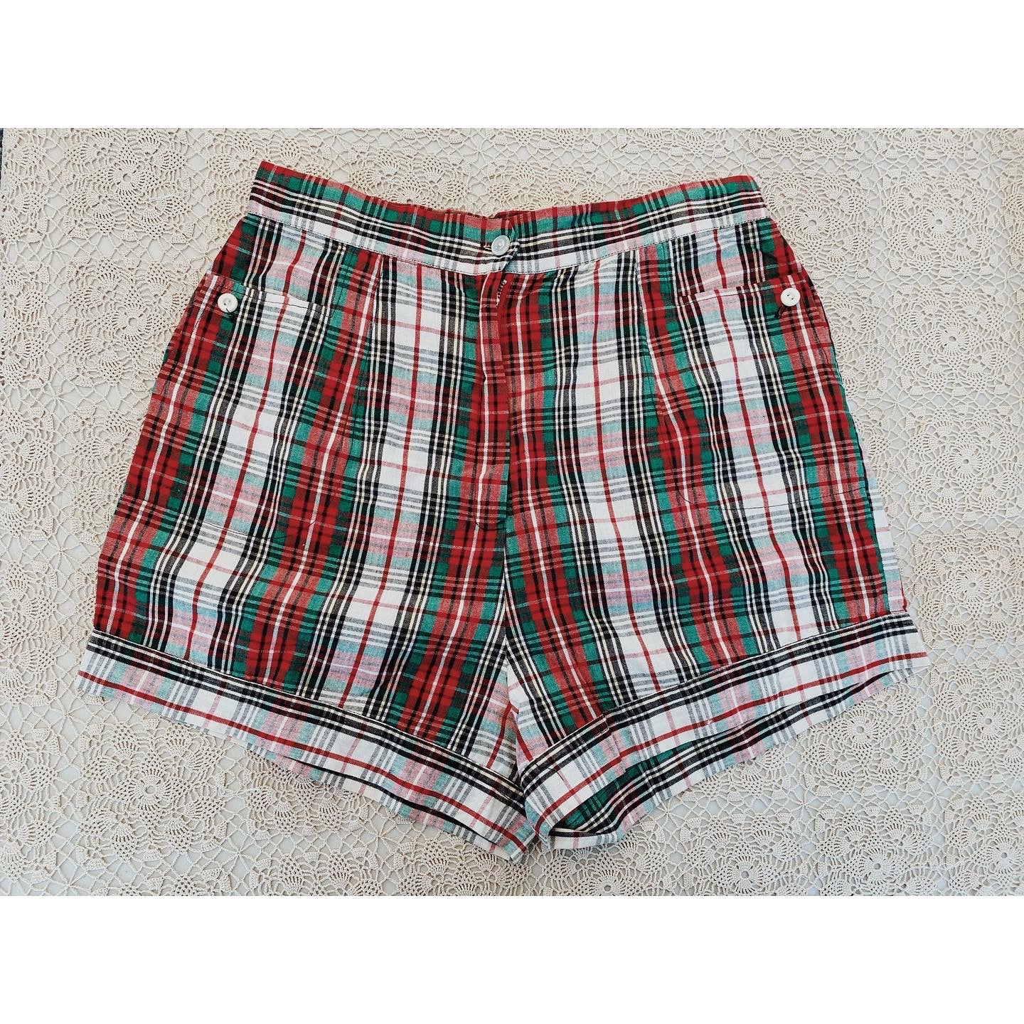 1950s Plaid Cotton Shorts w/ Cinches- 6/8